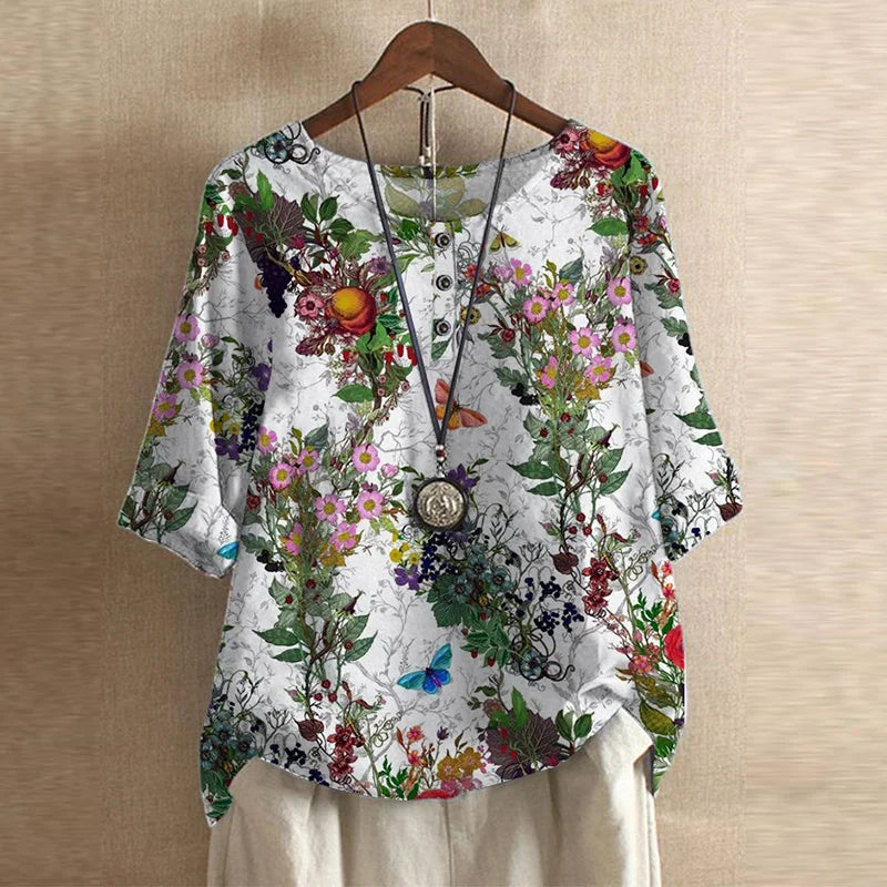 Damen Vintage Bedruckt Kurzarm Bluse