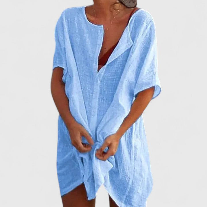 Damen Lässig Kurzarm Tunika Midikleid