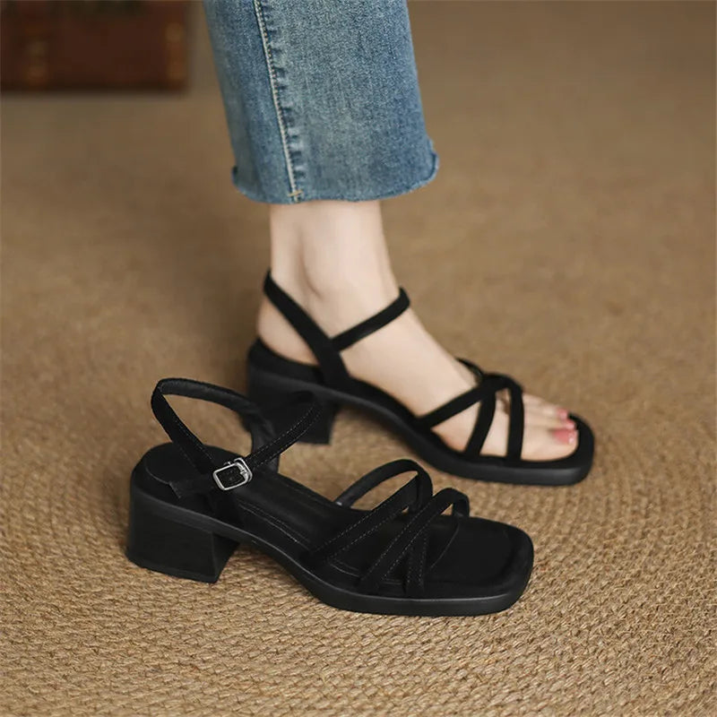 Damen Elegant Blockabsatz Riemchensandalen