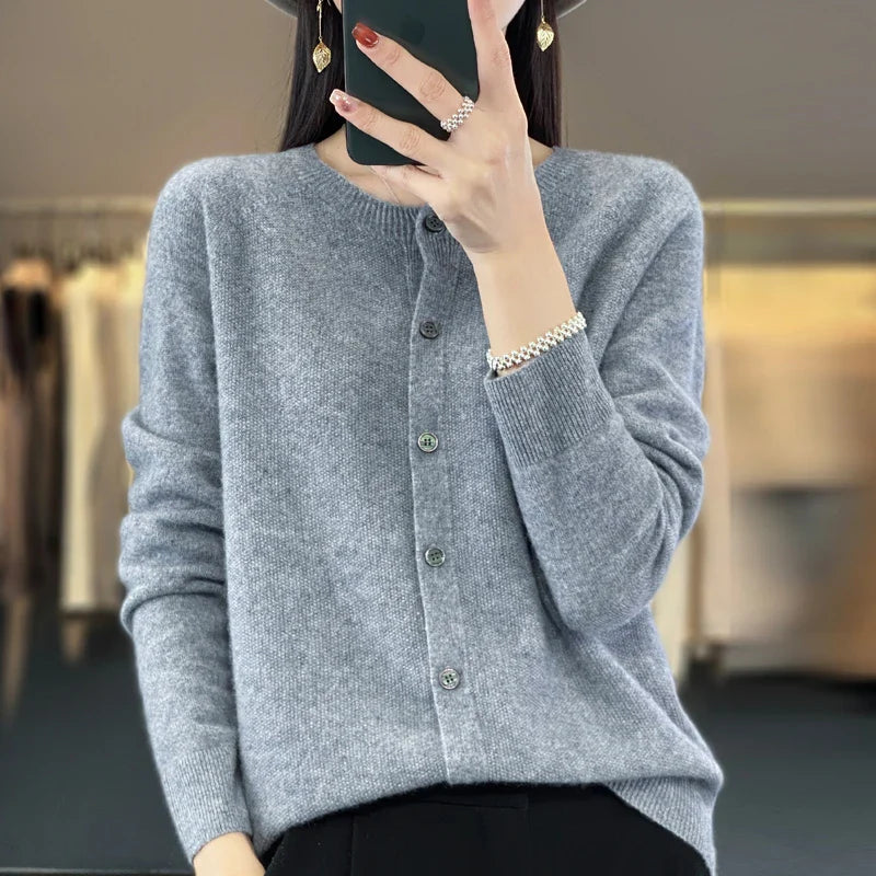 Damen Rundhals Knopfleiste Strick Cardigan