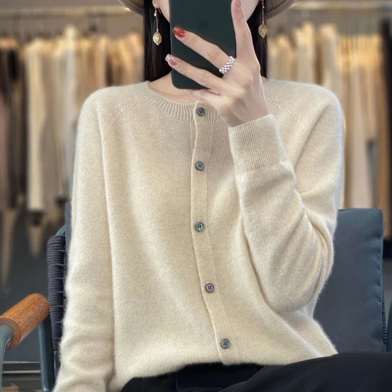 Damen Rundhals Knopfleiste Strick Cardigan