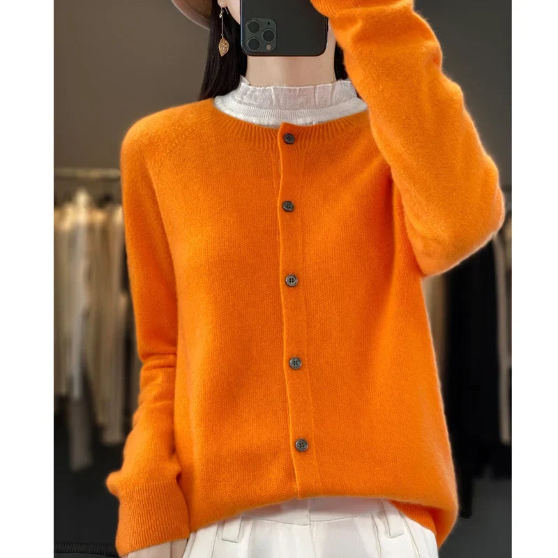 Damen Rundhals Knopfleiste Strick Cardigan