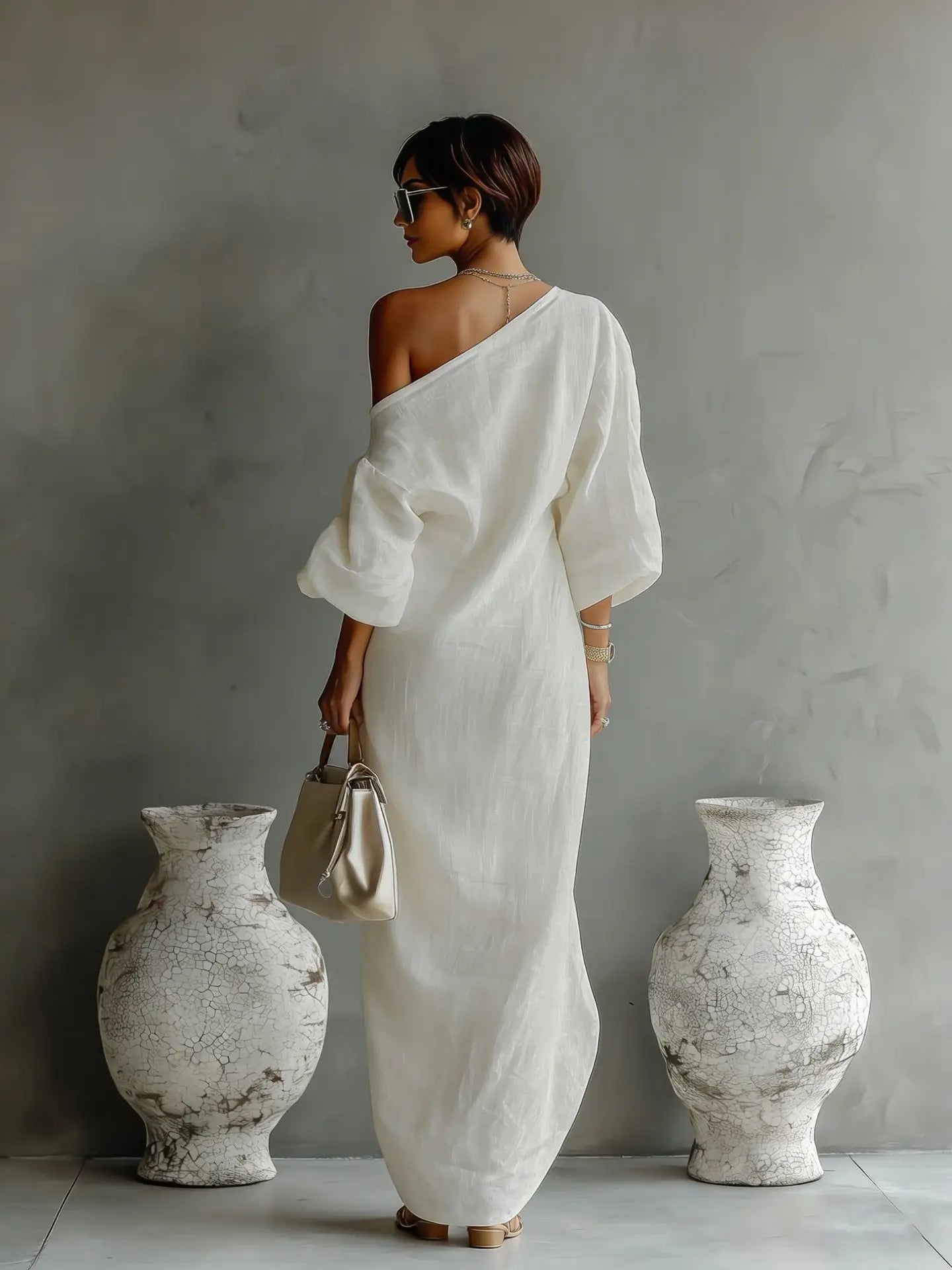 Joëlle | Damen Leinen Sommerkleid Mit One-Shoulder Design