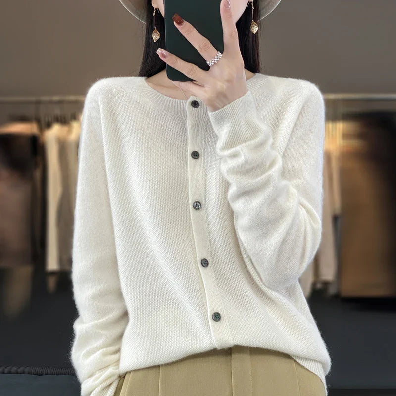Damen Rundhals Knopfleiste Strick Cardigan