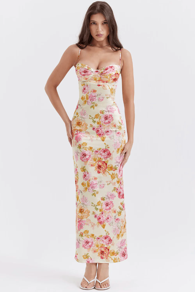 Damen Geblümtes Träger Hochzeitsgast Maxi Kleid