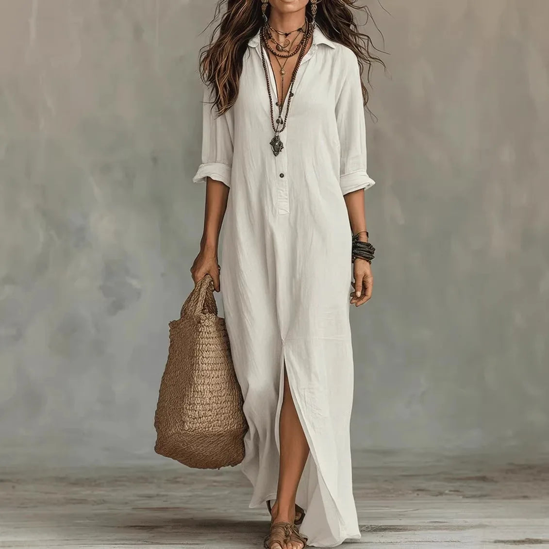 Yvonne | Damen Sommer Leinen Maxikleid