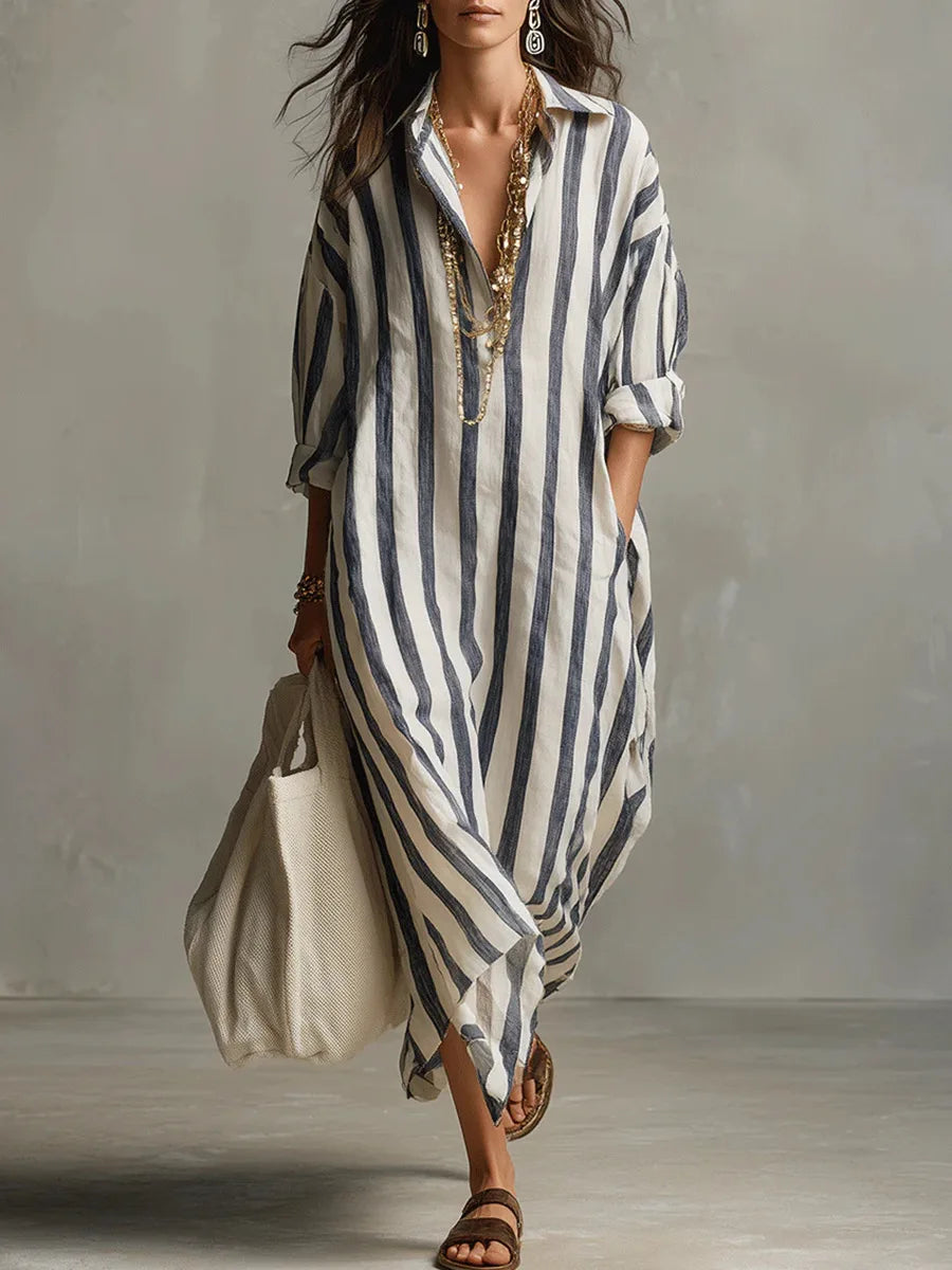 Anneline | Damen Sommer Gestreiftes Maxi Hemdkleid