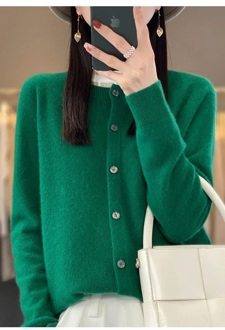 Damen Rundhals Knopfleiste Strick Cardigan