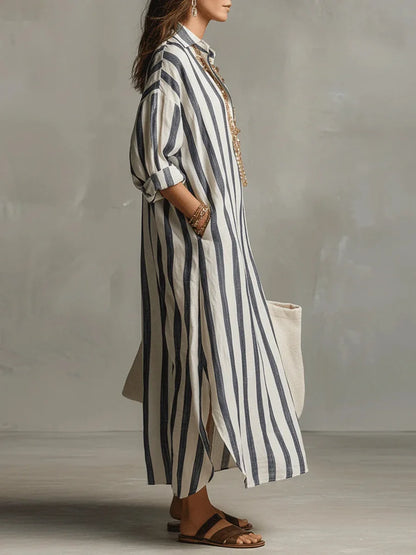 Anneline | Damen Sommer Gestreiftes Maxi Hemdkleid