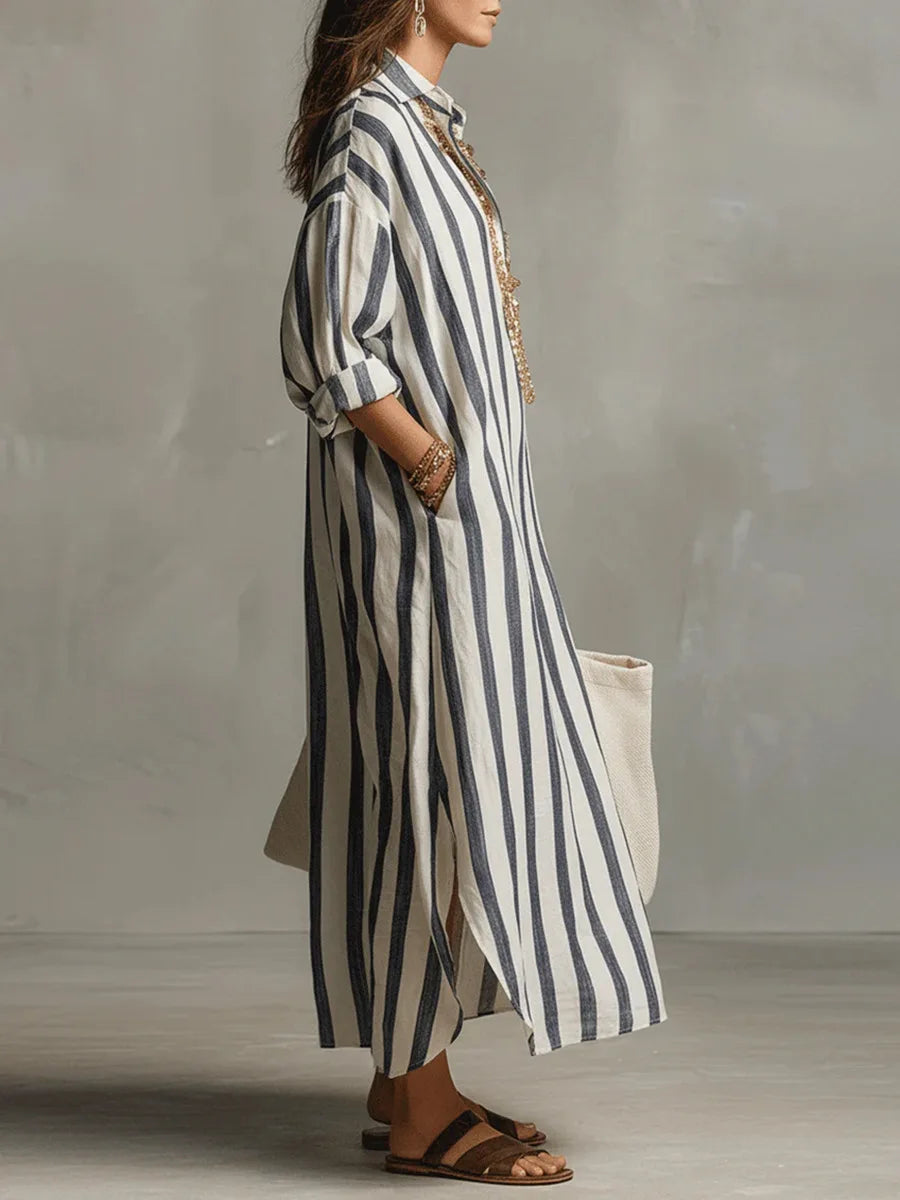 Eveline | Damen Sommer Gestreiftes Maxi Hemdkleid