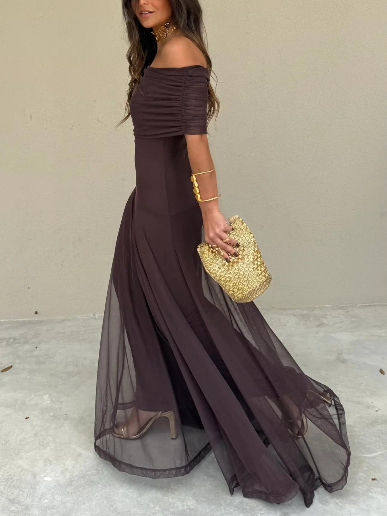 Damen Sommer Off Shoulder Maxi Trägerkleid
