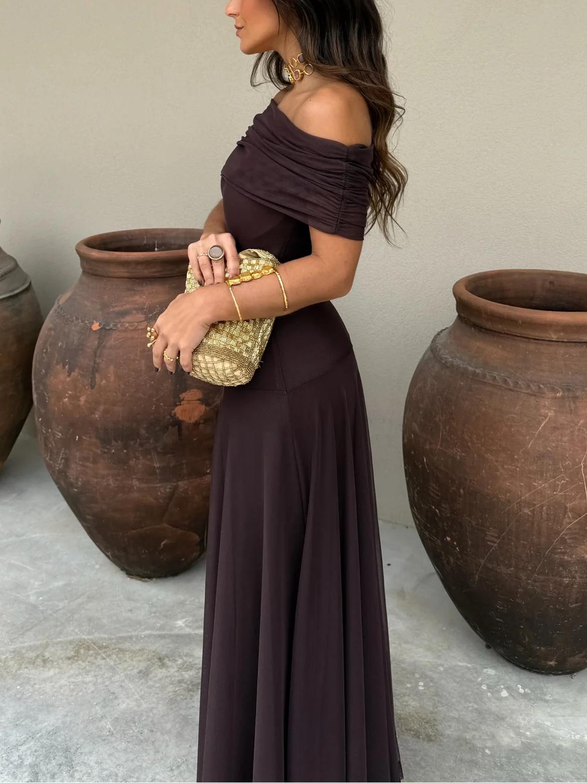 Damen Sommer Off Shoulder Maxi Trägerkleid