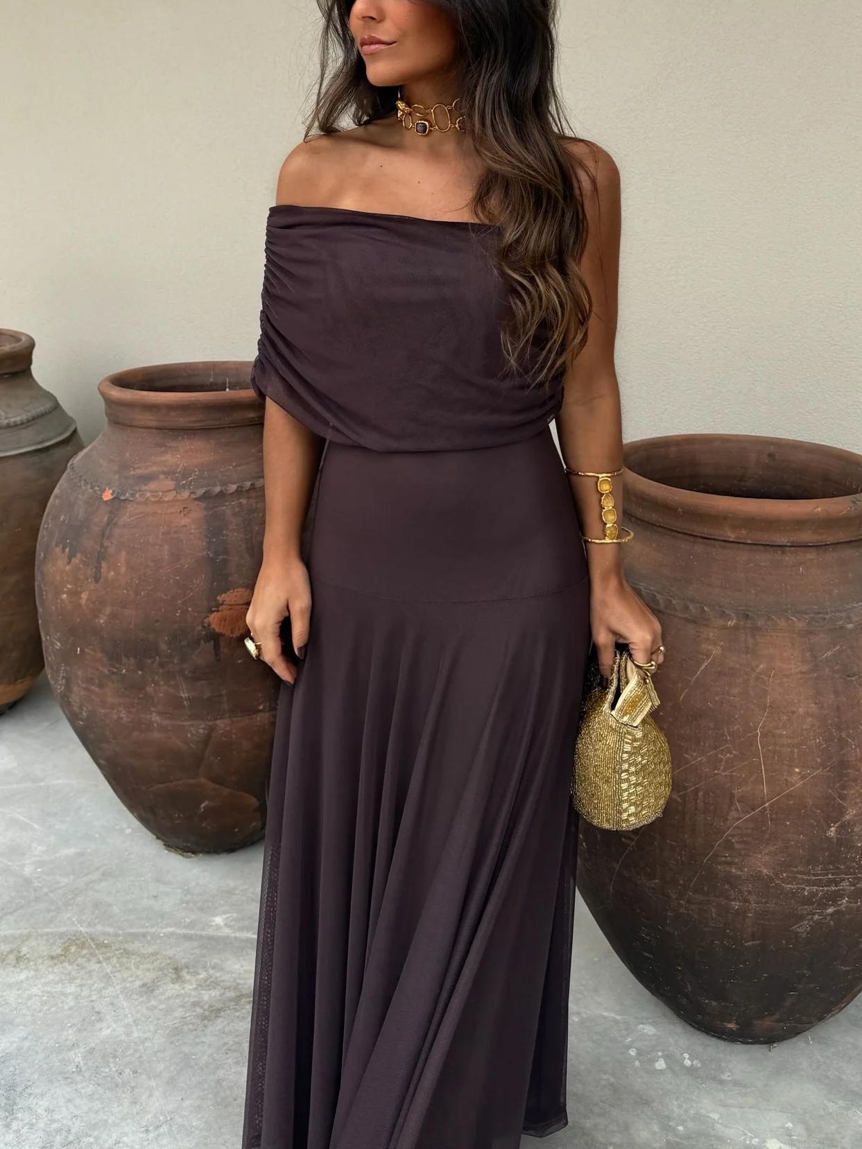 Damen Sommer Off Shoulder Maxi Trägerkleid