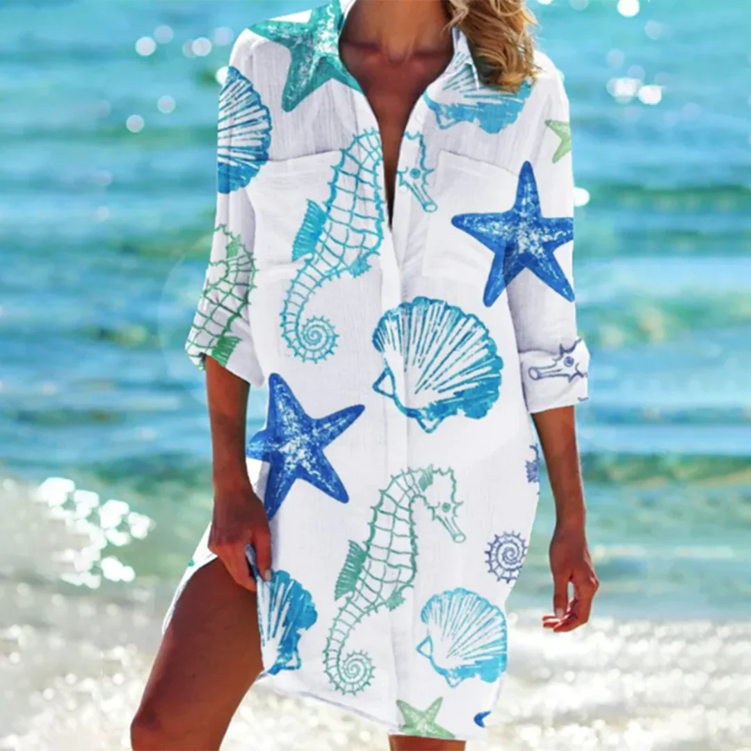 Damen Sommer Meeresmuster Tunika Bluse