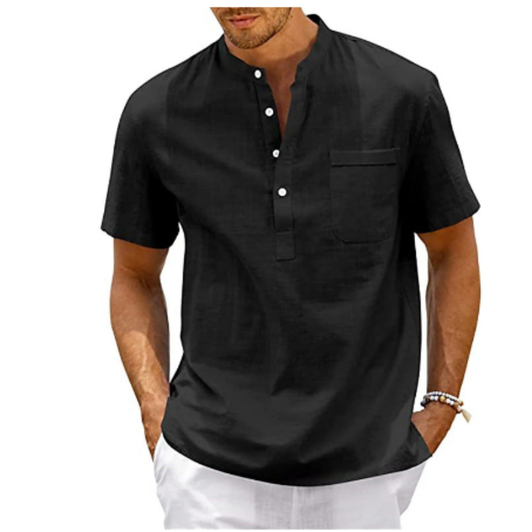 Herren Brusttasche Henley Sommer Kurzarm Hemd