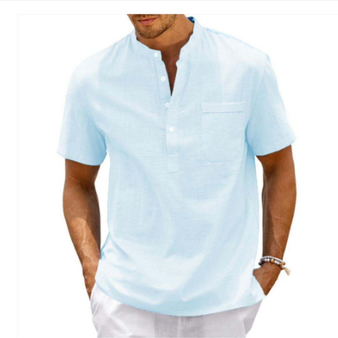 Herren Brusttasche Henley Sommer Kurzarm Hemd