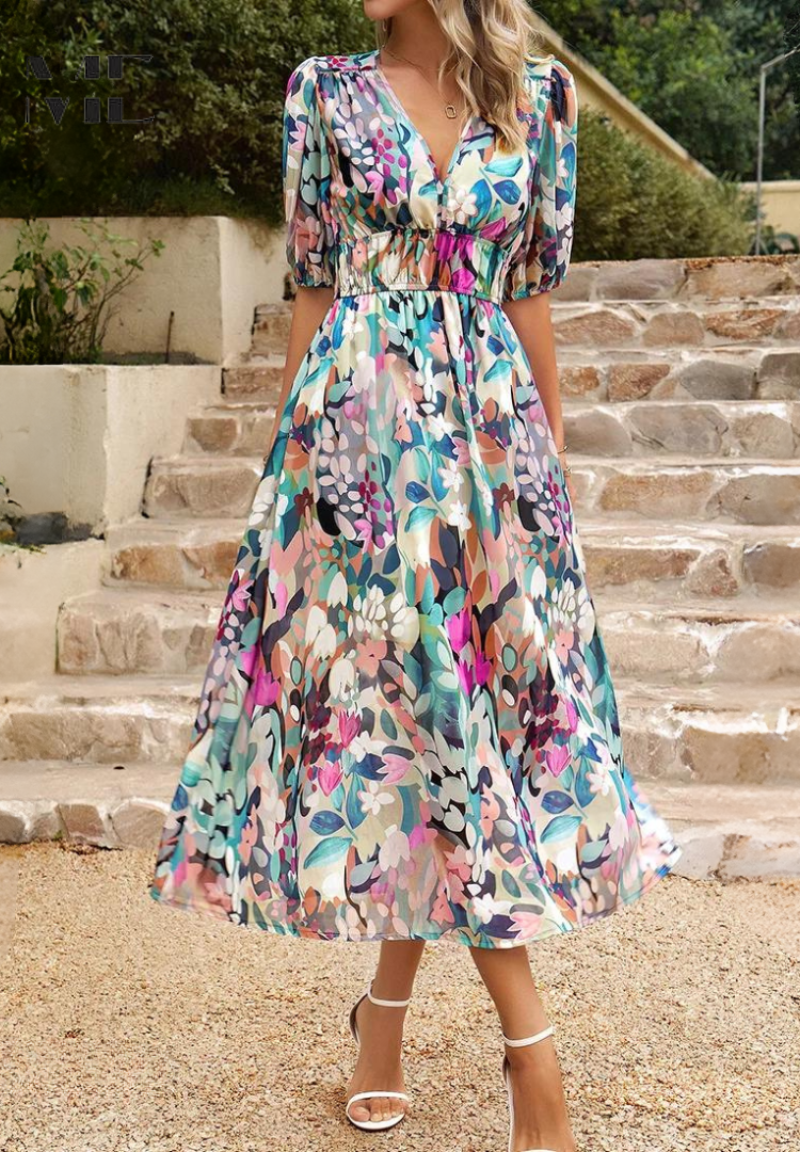 Damen Elegantes Blumenmuster Midikleid
