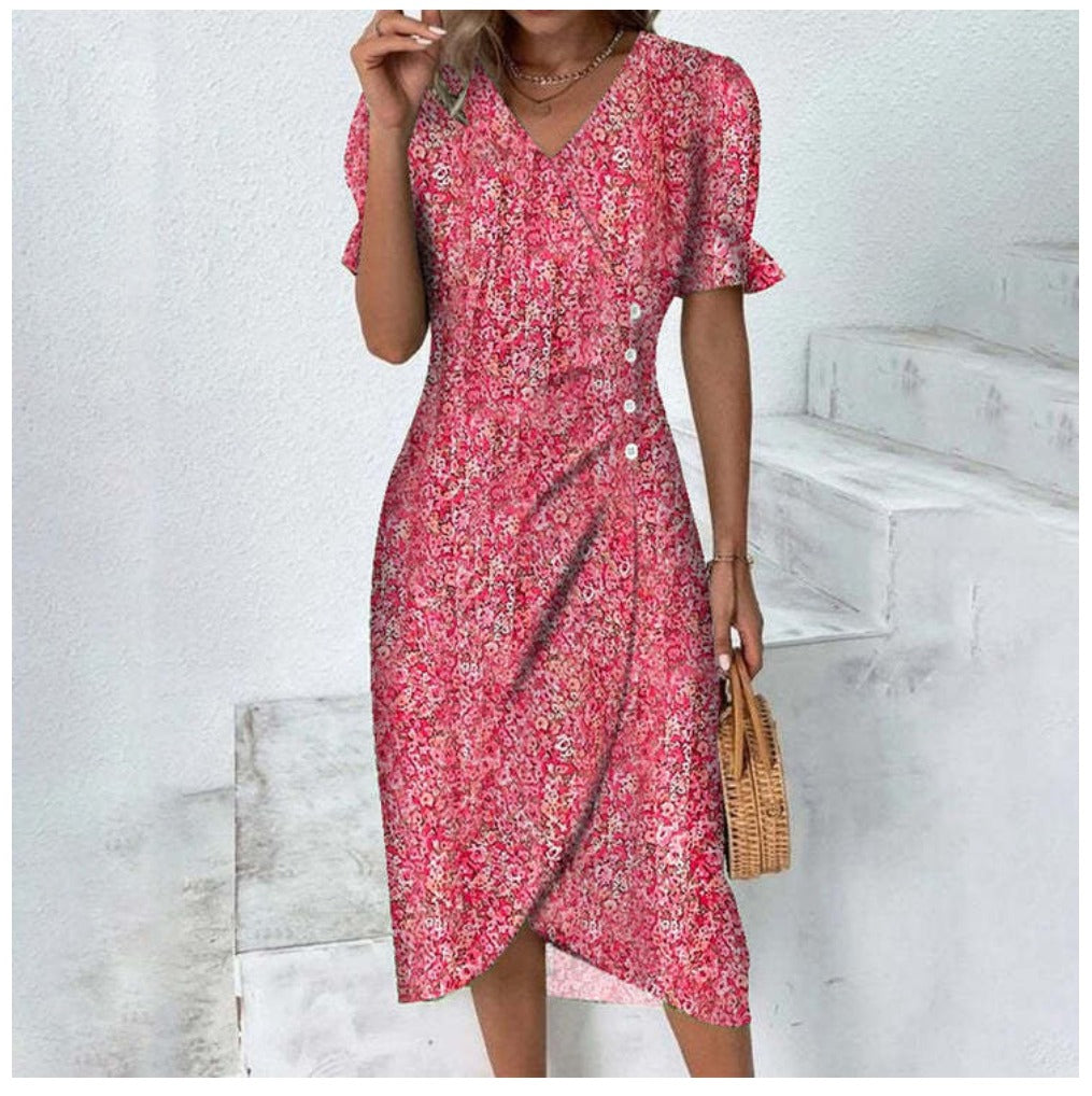 Damen Sommer V-Ausschnitt Blumig Midikleid