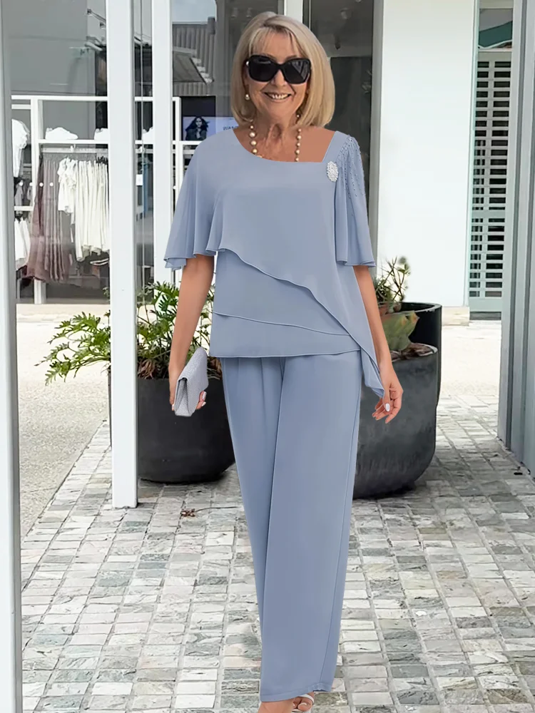 Damen Kurzarm Elegant Zweiteiliger Set