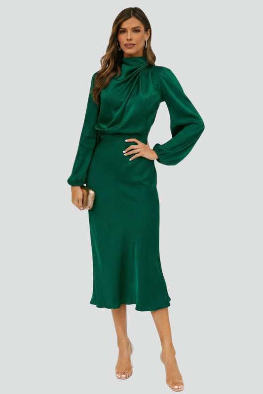 Damen Elegantes Langarm Hochzeitsgast Midi Kleid