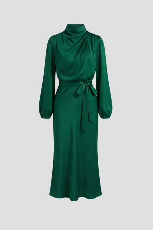 Damen Elegantes Langarm Hochzeitsgast Midi Kleid