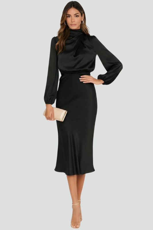 Damen Elegantes Langarm Hochzeitsgast Midi Kleid