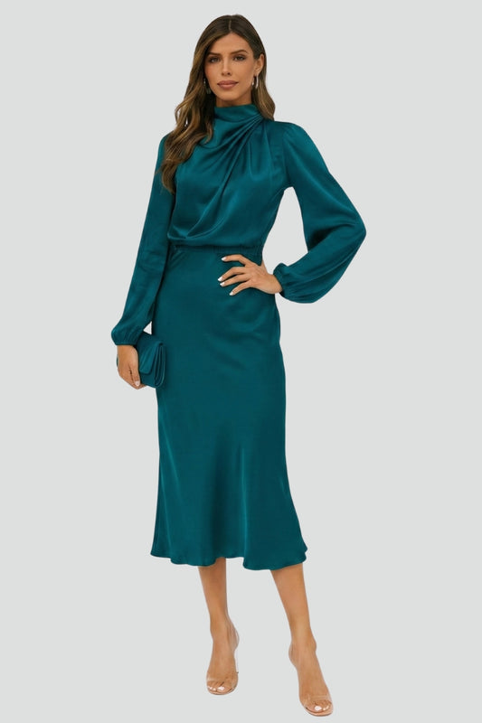 Damen Elegantes Langarm Hochzeitsgast Midi Kleid
