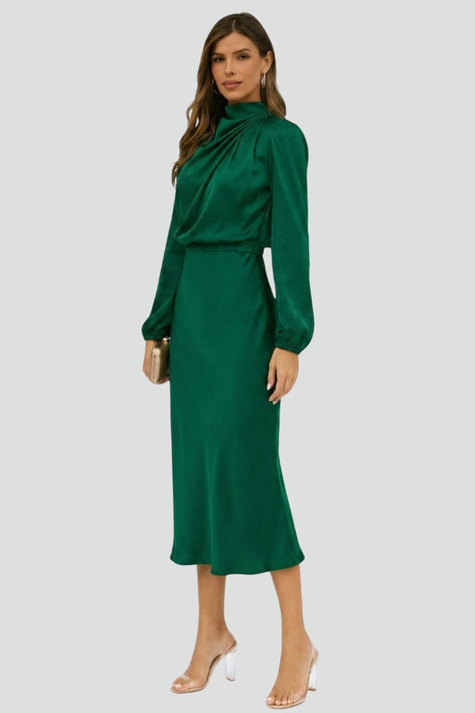 Damen Elegantes Langarm Hochzeitsgast Midi Kleid