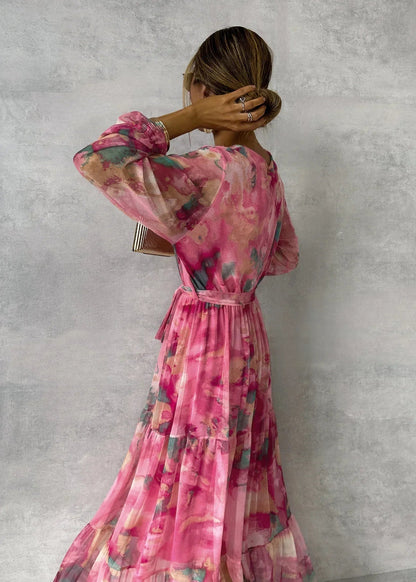 Damen Wickeloptik Sommer Geblümtes Maxikleid