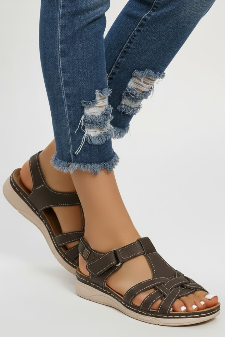 Damen Retro Geknöpfte Riemchen Sandale