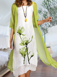 Johanna | Damen Lagenlook Ärmelloses Chiffon Cardigan Set Midikleid