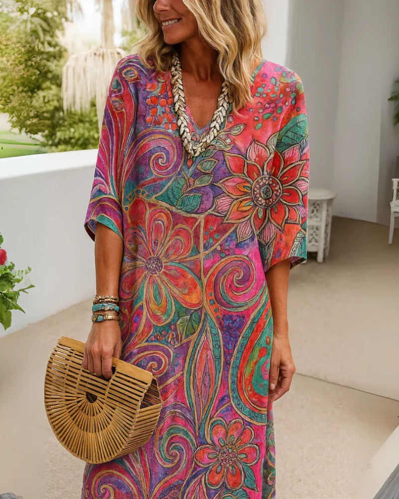Damen V-Ausschnitt Boho Blumen Sommerkleid
