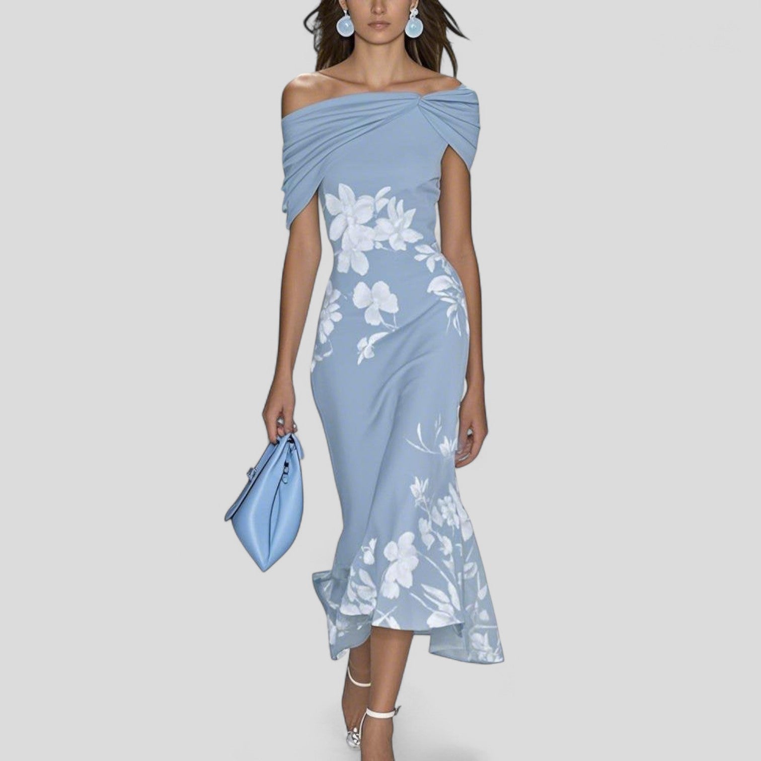 Damen Sommer Off-Shoulder Blumenmuster Midi Kleid