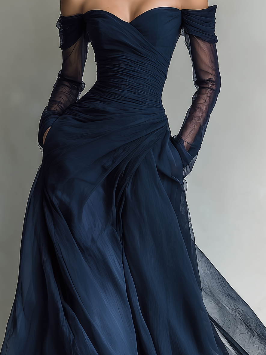 Nina | Damen Elegantes Chiffon Schulterfreies Maxikleid