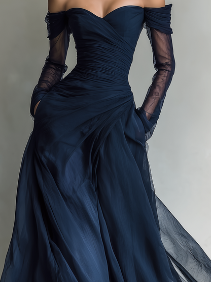 Nina | Damen Elegantes Chiffon Schulterfreies Maxikleid