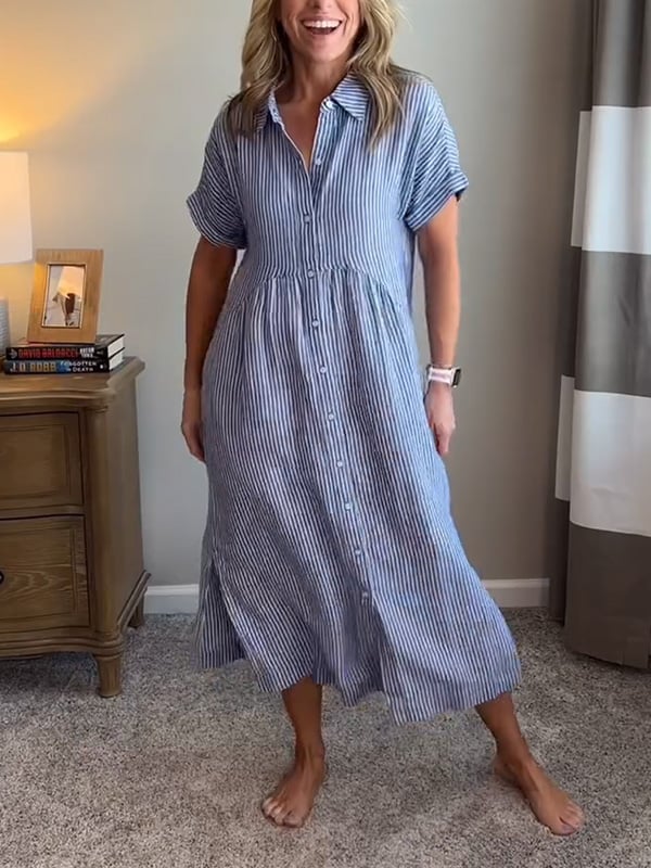 Damen Gestreiftes Hemdblusenkleid mit Knopfleiste im lässigen Stil