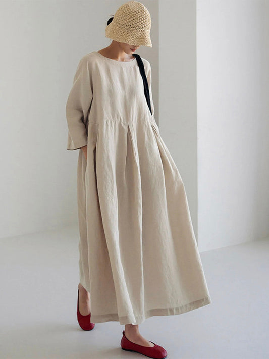 Damen Sommer Langarm Leinen Maxikleid