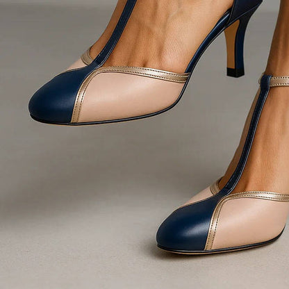 Damen Sommer Absatz Vintage Pumps mit T-Riemchen
