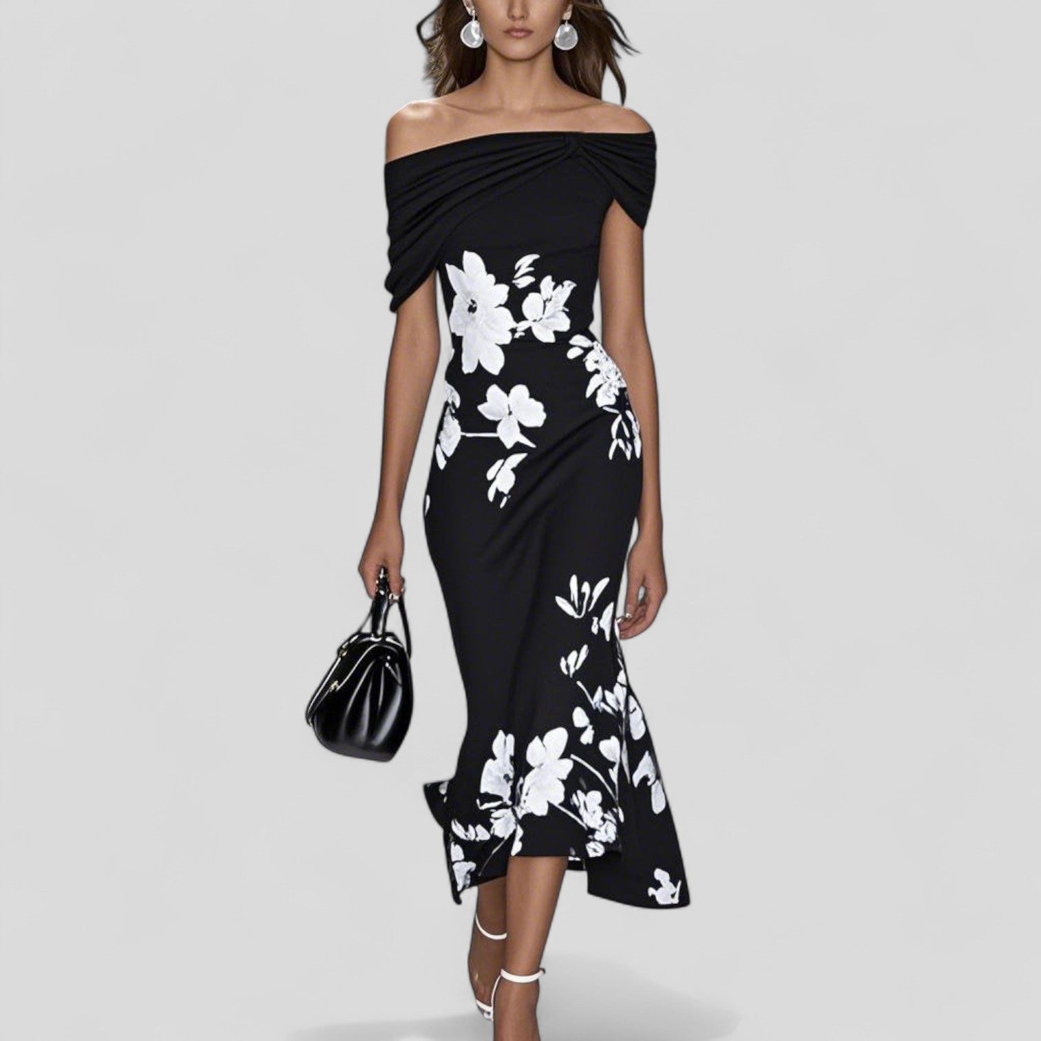 Damen Sommer Off-Shoulder Blumenmuster Midi Kleid