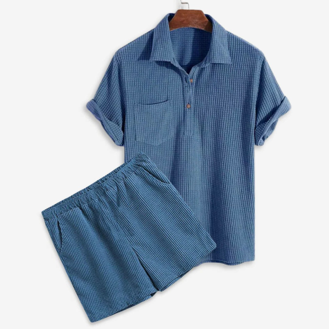 Herren Sommer Waffel Poloshirt und Short Set mit drawstring
