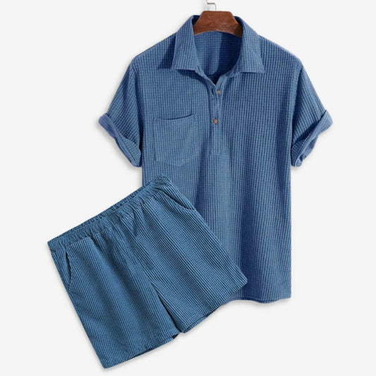 Herren Sommer Waffel Poloshirt und Short Set mit drawstring