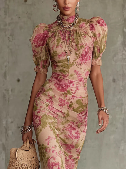 Malina | Damen Florales Maxikleid Mit Stehkragen Und Puffärmeln