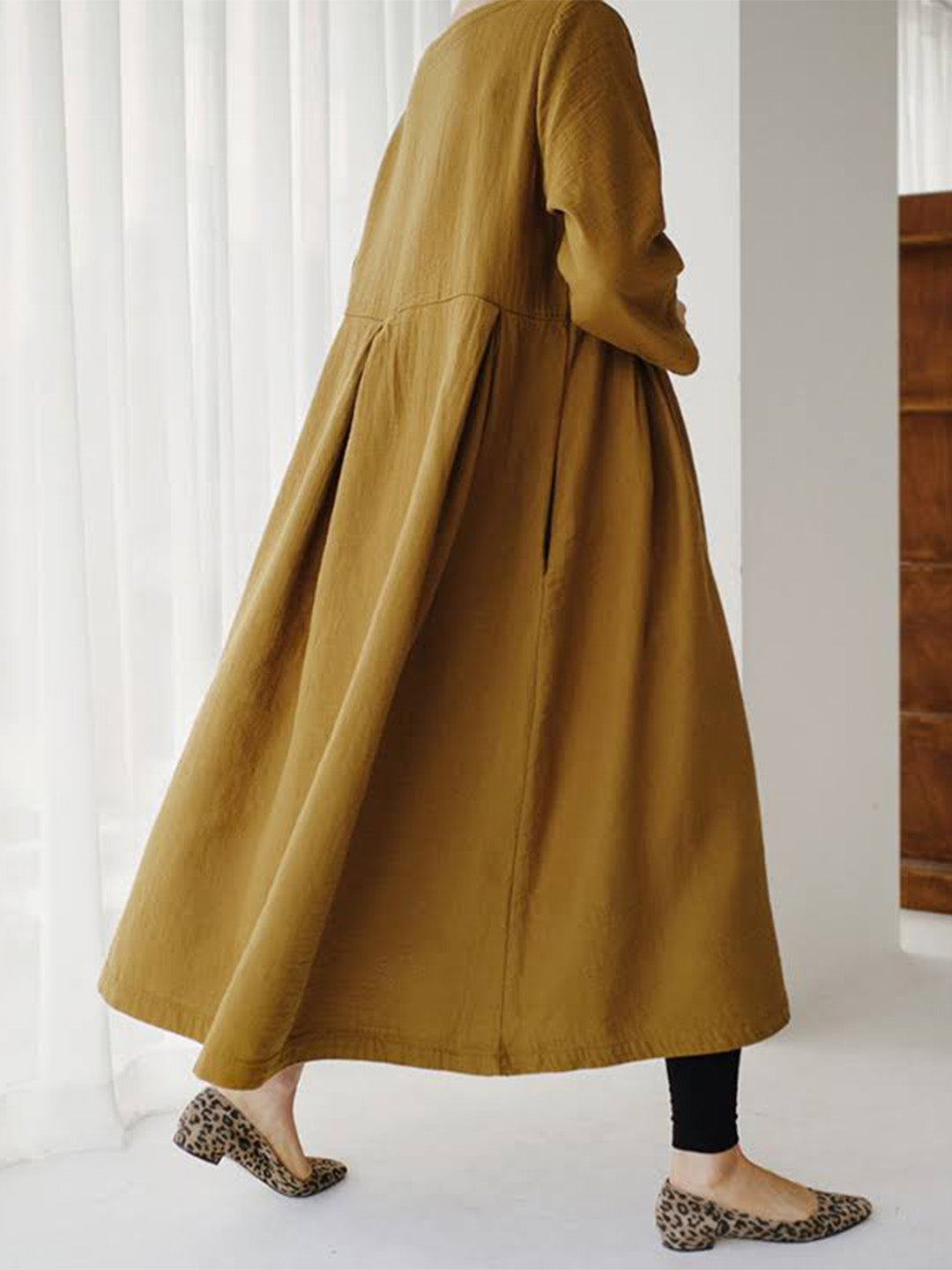 Damen Sommer Langarm Leinen Maxikleid