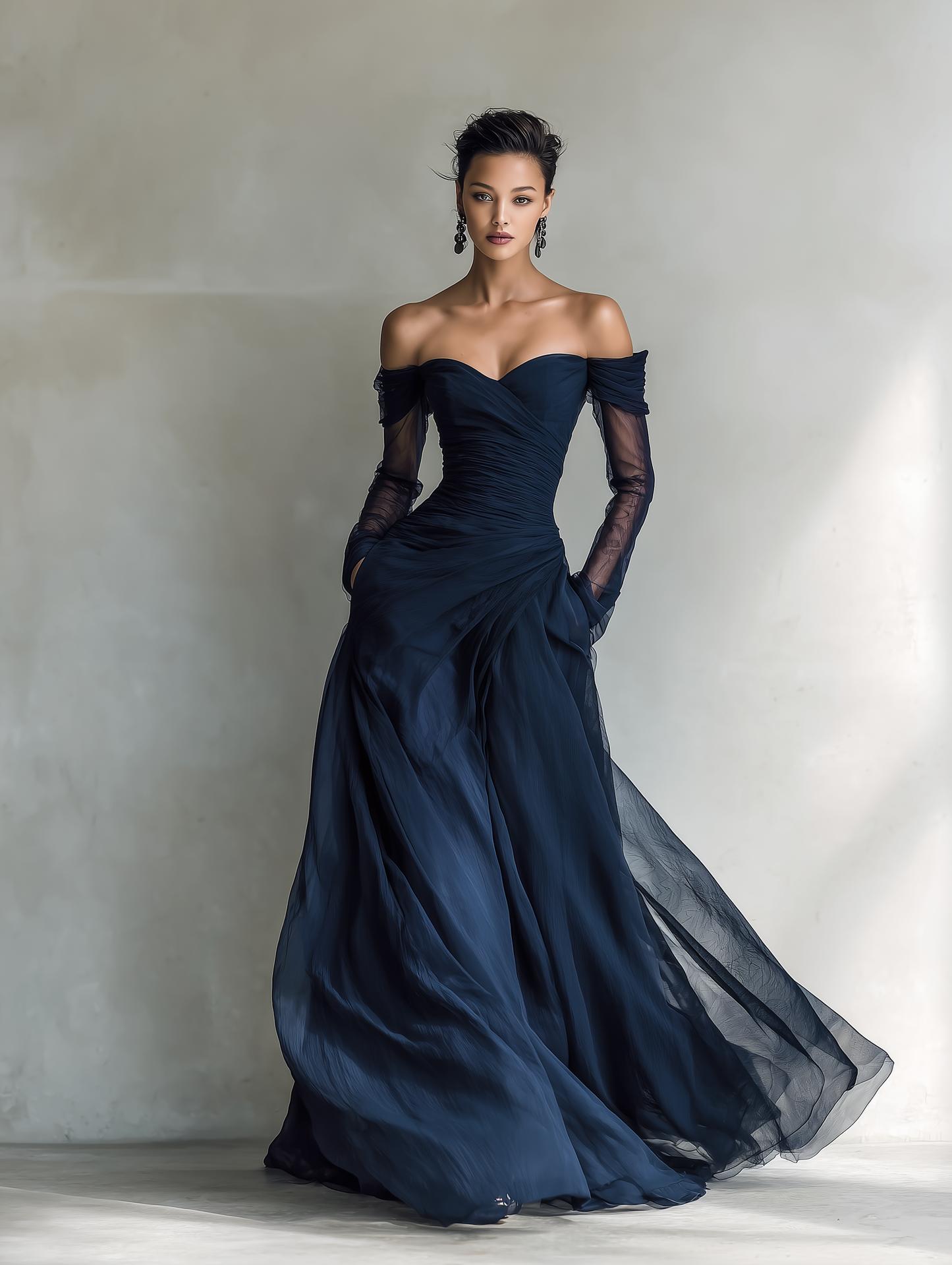 Nina | Damen Elegantes Chiffon Schulterfreies Maxikleid