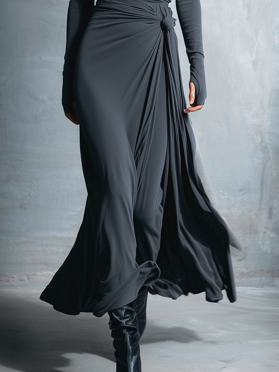 Damen Lässig Langarm Drapiertes Maxikleid