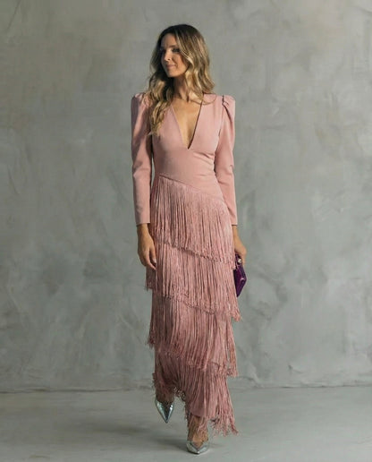 Marie | Damen Festliches Fransen-Kleid Mit V-Ausschnitt