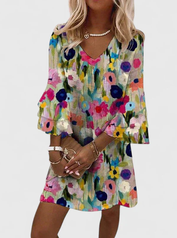 Damen Sommer V-Ausschnitt Blumenmuster Mini Kleid