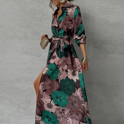 Renata | Damen Florales Maxi Hemdkleid mit Gürtel und Knopfleiste
