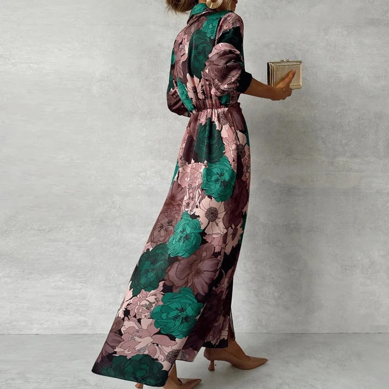Renata | Damen Florales Maxi Hemdkleid mit Gürtel und Knopfleiste