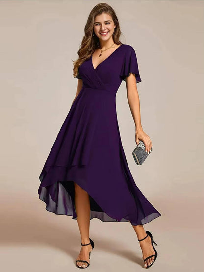 Darlene | Damen Sommer V-ausschnitt Kurzarm Midikleid
